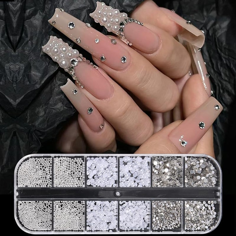 FSpronail Pearl 3D Nail Charms Rhinestone Silver Beads Multi Design 2Boxes,White Semicircle Pearls Jewelry Silvery Steel Ball Mixed Sizes Nails Decoration,Flatback Diamond Gems Women DIY Nail Ornament - Image 3